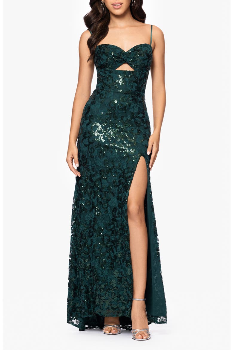 Sequin Floral Lace Cutout Detail Gown, Main, color, HUNTER