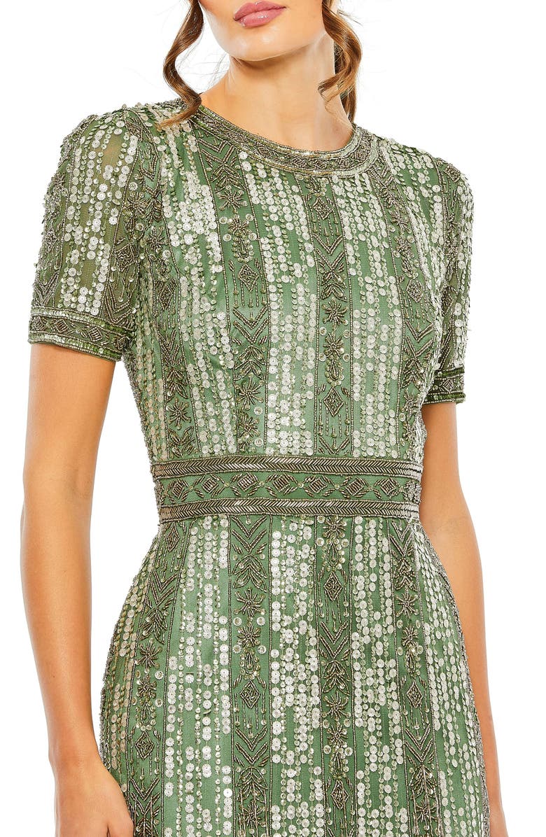 Mac Duggal Women's High Neck Short Sleeve Crystal Fringe Column Dress, Alternate, color, Sage