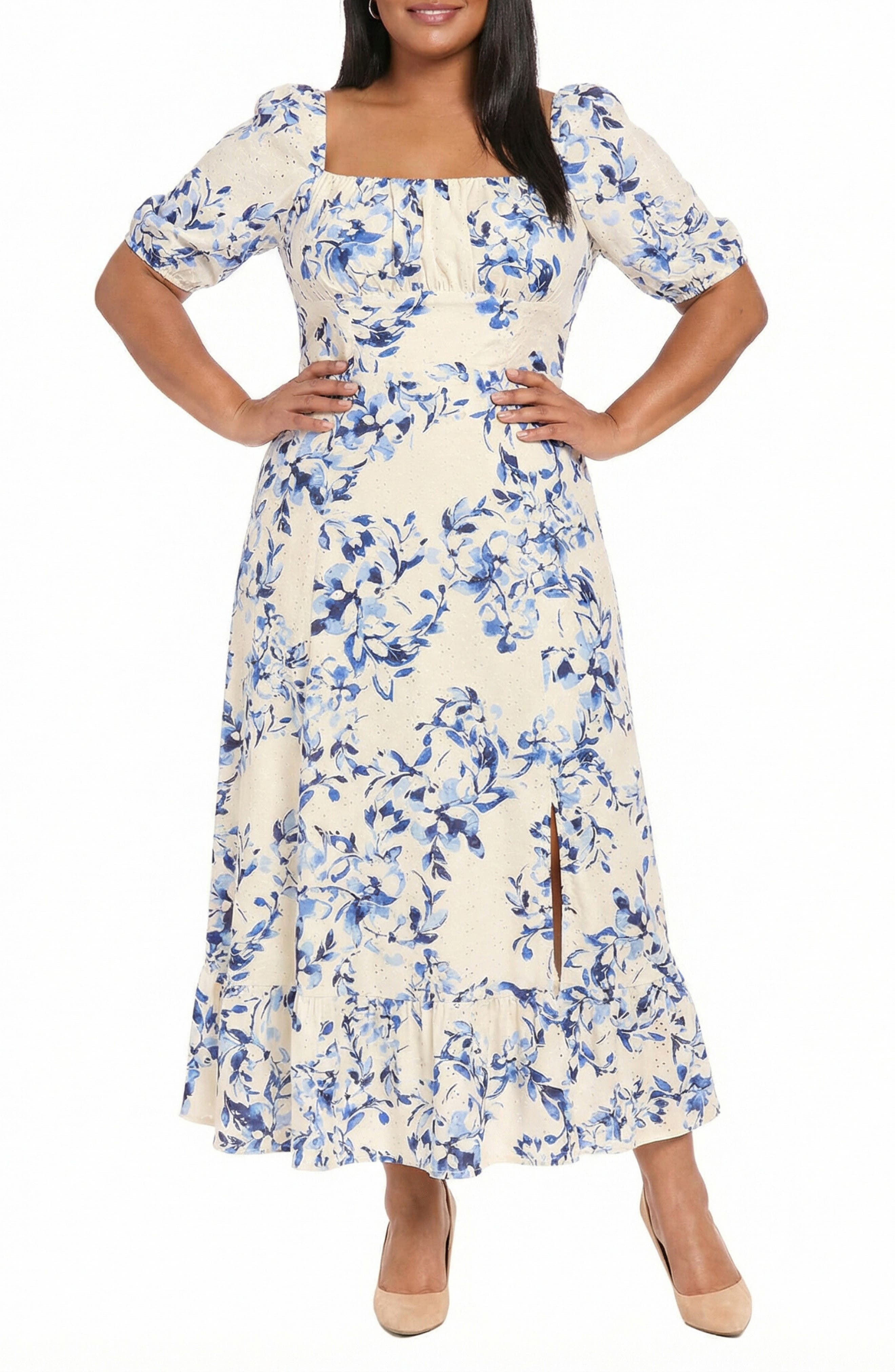 London Times Floral Puff Sleeve Empire Waist Midi Dress