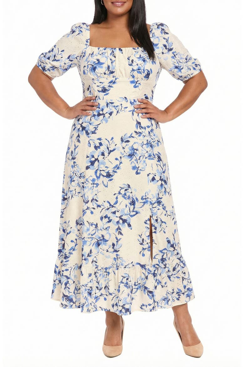 Floral Puff Sleeve Empire Waist Midi Dress, Main, color, IVORY / DEEP BLUE