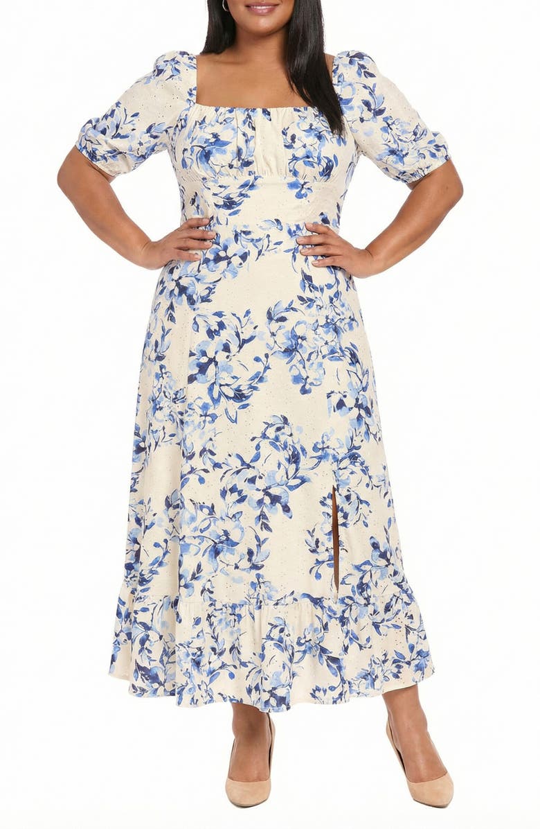 London Times Floral Puff Sleeve Empire Waist Midi Dress, Main, color, Ivory / Deep Blue