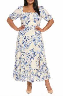 London Times Floral Puff Sleeve Empire Waist Midi Dress