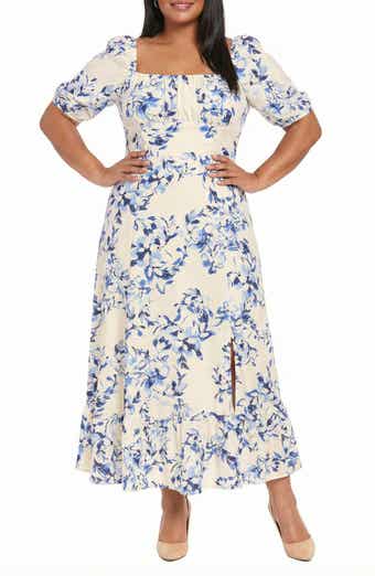 London Times Floral Puff Sleeve Empire Waist Midi Dress