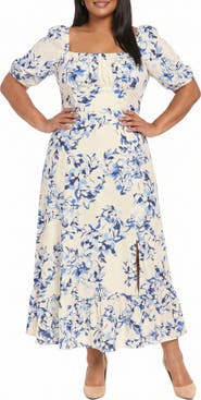 London Times Floral Puff Sleeve Empire Waist Midi Dress
