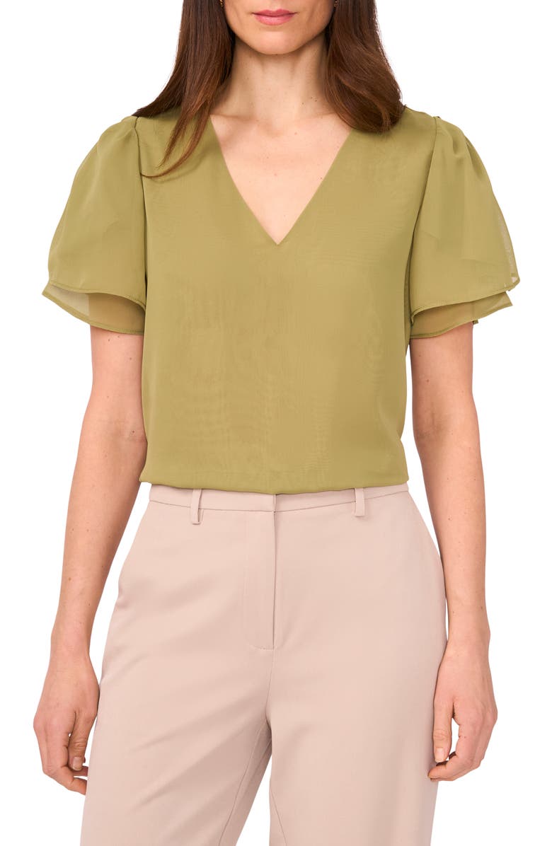 Vince Camuto V-Neck Tulip Sleeve Chiffon Top, Main, color, Moss Green