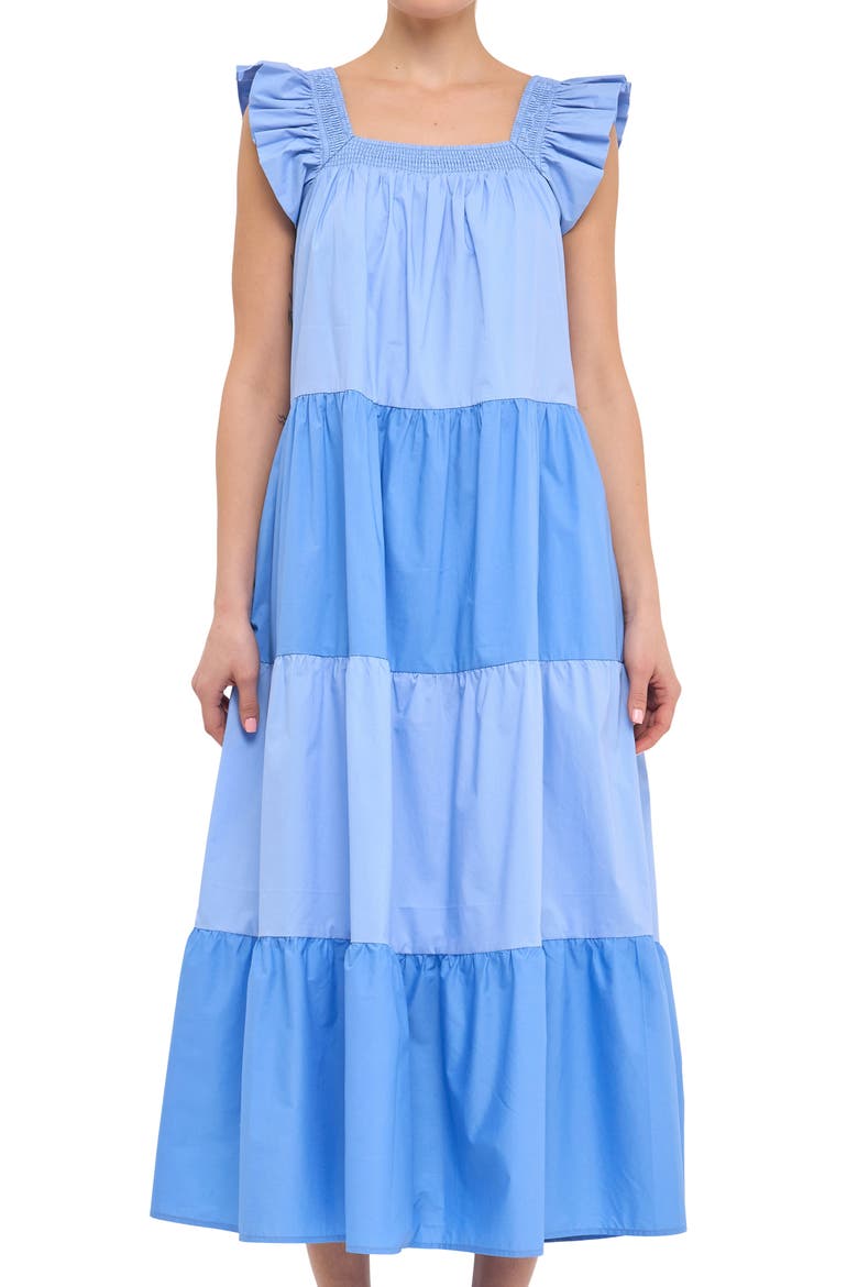 Flutter Sleeve Colorblock Cotton Midi Dress, Alternate, color, BLUE MULTI