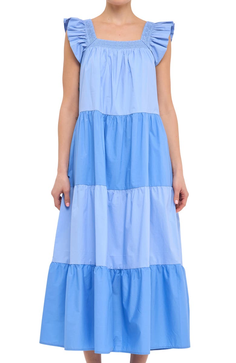 English Factory Flutter Sleeve Colorblock Cotton Midi Dress, Alternate, color, Blue Multi