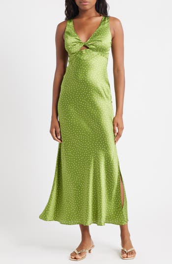 Topshop Polka Dot Twist Front Satin Midi Dress In Green