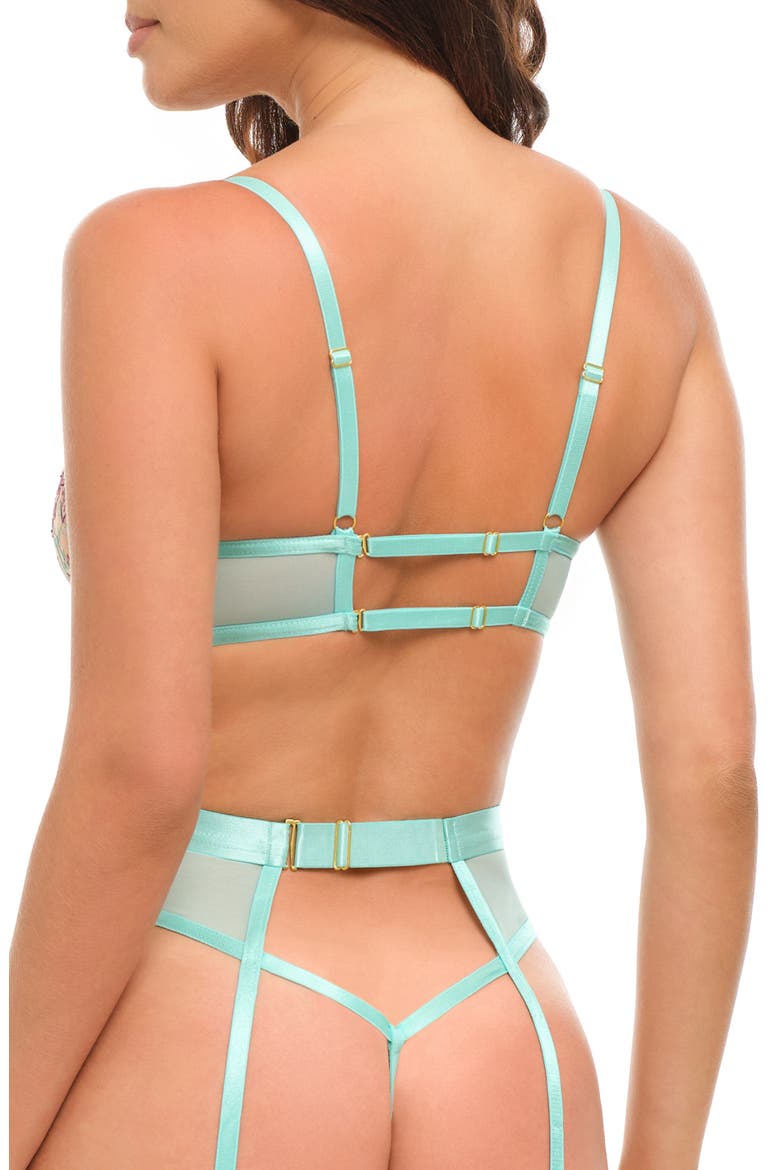Adaline Embroidered Mesh Underwire Bra & Thong with Garter Straps Set, Alternate, color, LILY POND/ MOJITO