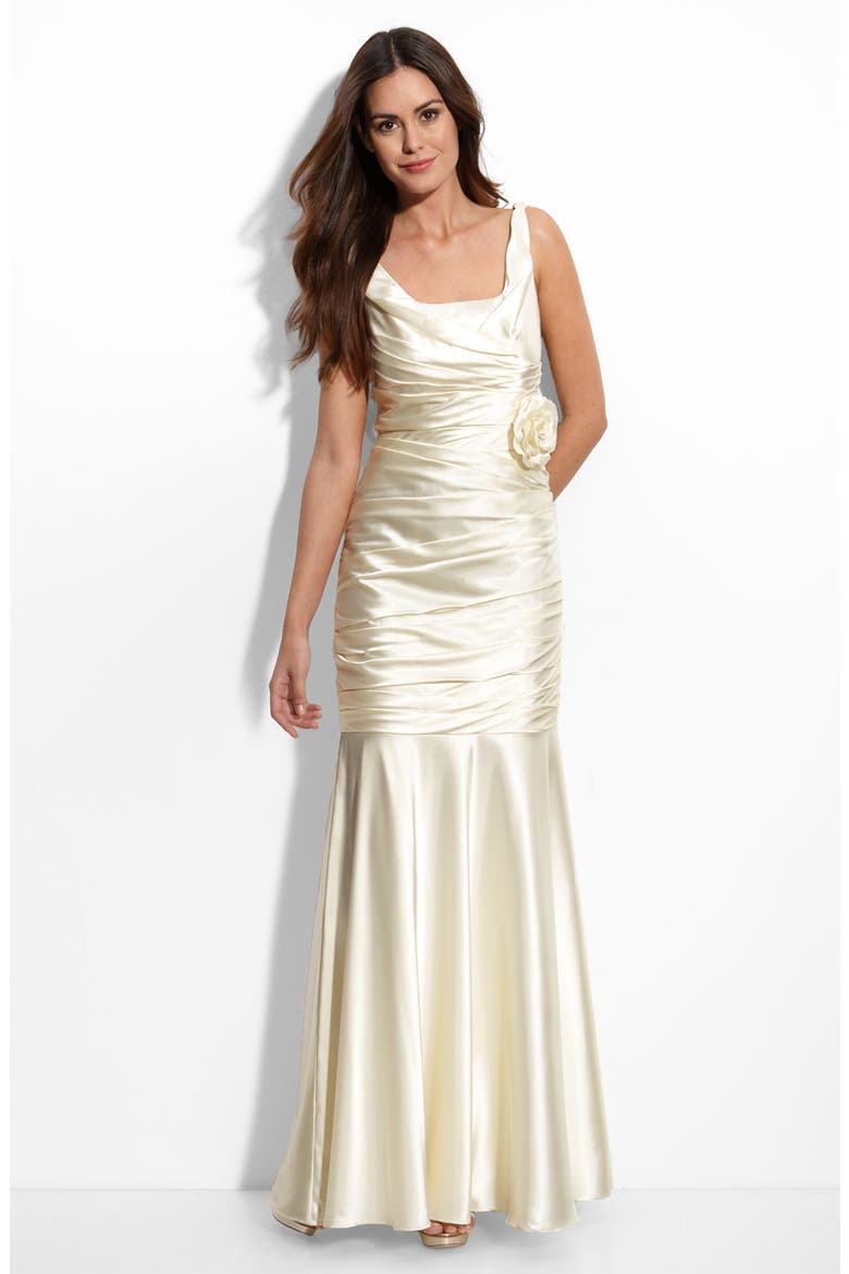 Cowl Back Stretch Satin Mermaid Gown, Main, color, IVORY