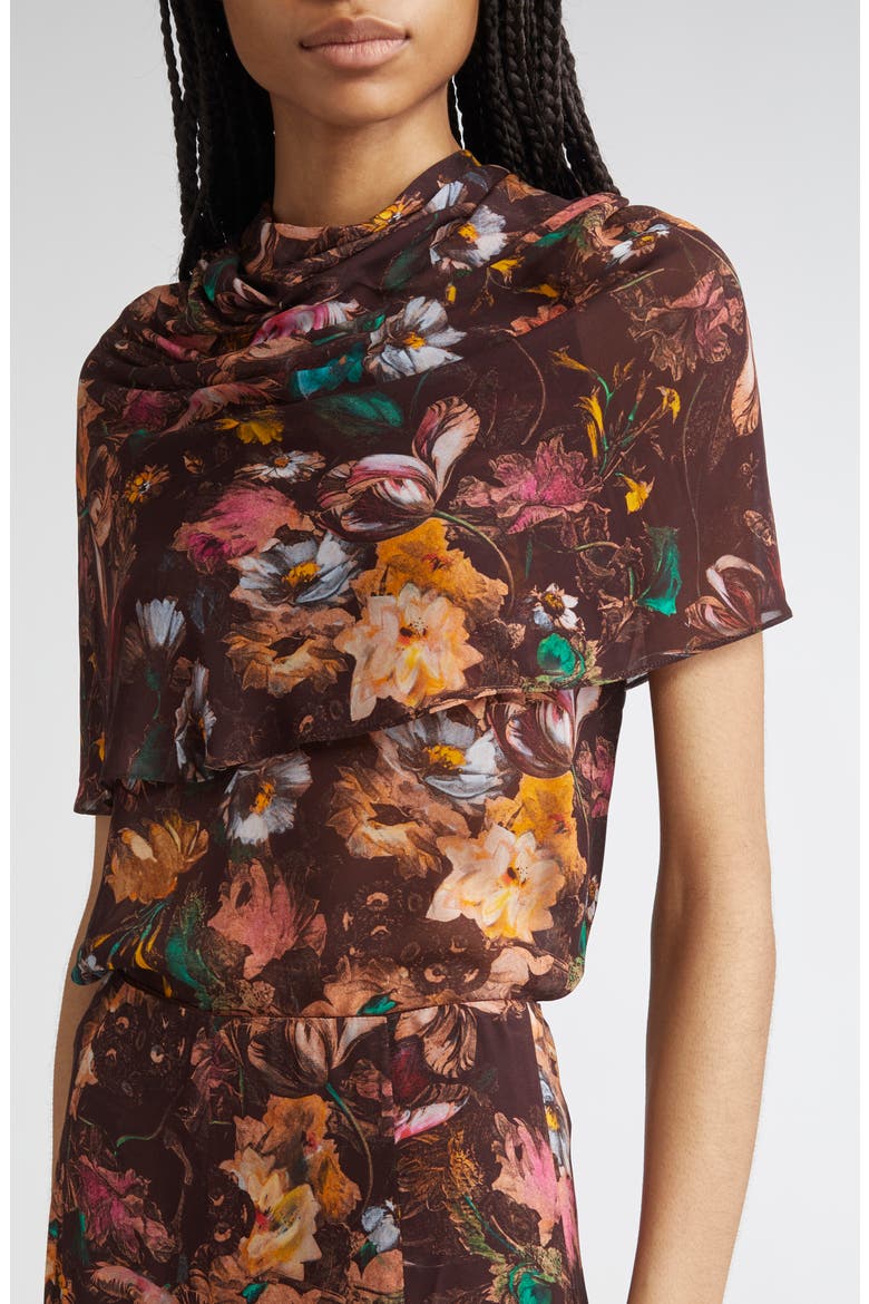 Floral Chiffon Cowl Neck, Alternate, color, BROWN