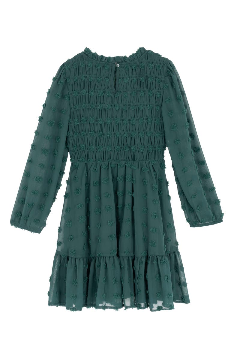 Rare Editions Kids' Clip Dot Chiffon Smocked Dress, Alternate, color, Hunter