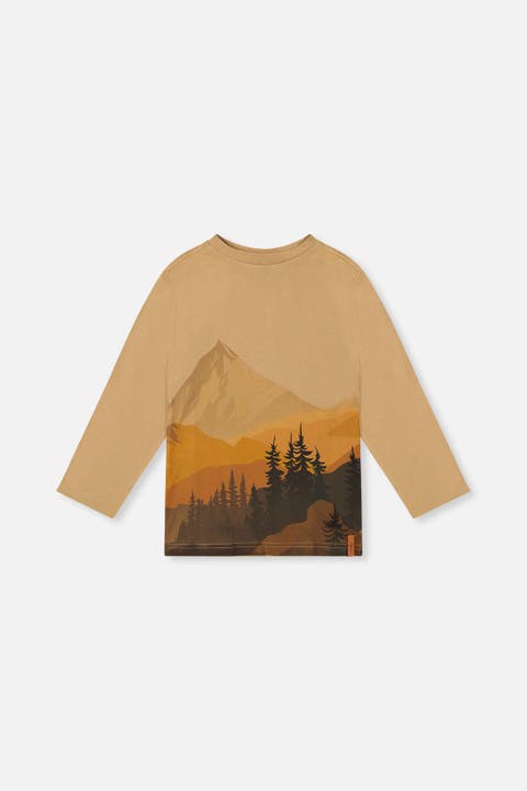 Organic Cotton Crew Neck Mountain Graphic Long Sleeve T-Shirt