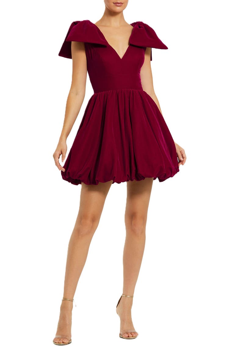 Shoulder Bow Velvet Bubble Mini Dress, Main, color, Berry