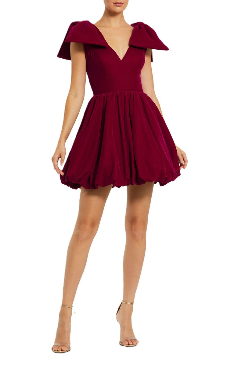 Mac Duggal Shoulder Bow Velvet Bubble Mini Dress, Main, color, Berry