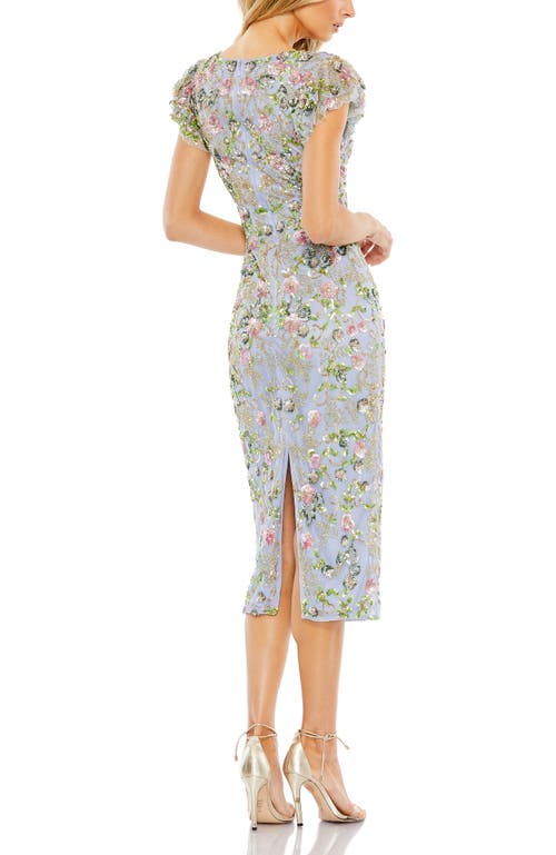 Mac Duggal Floral Embellished Flutter Cap Sleeve Dress In Slate Blue Multi