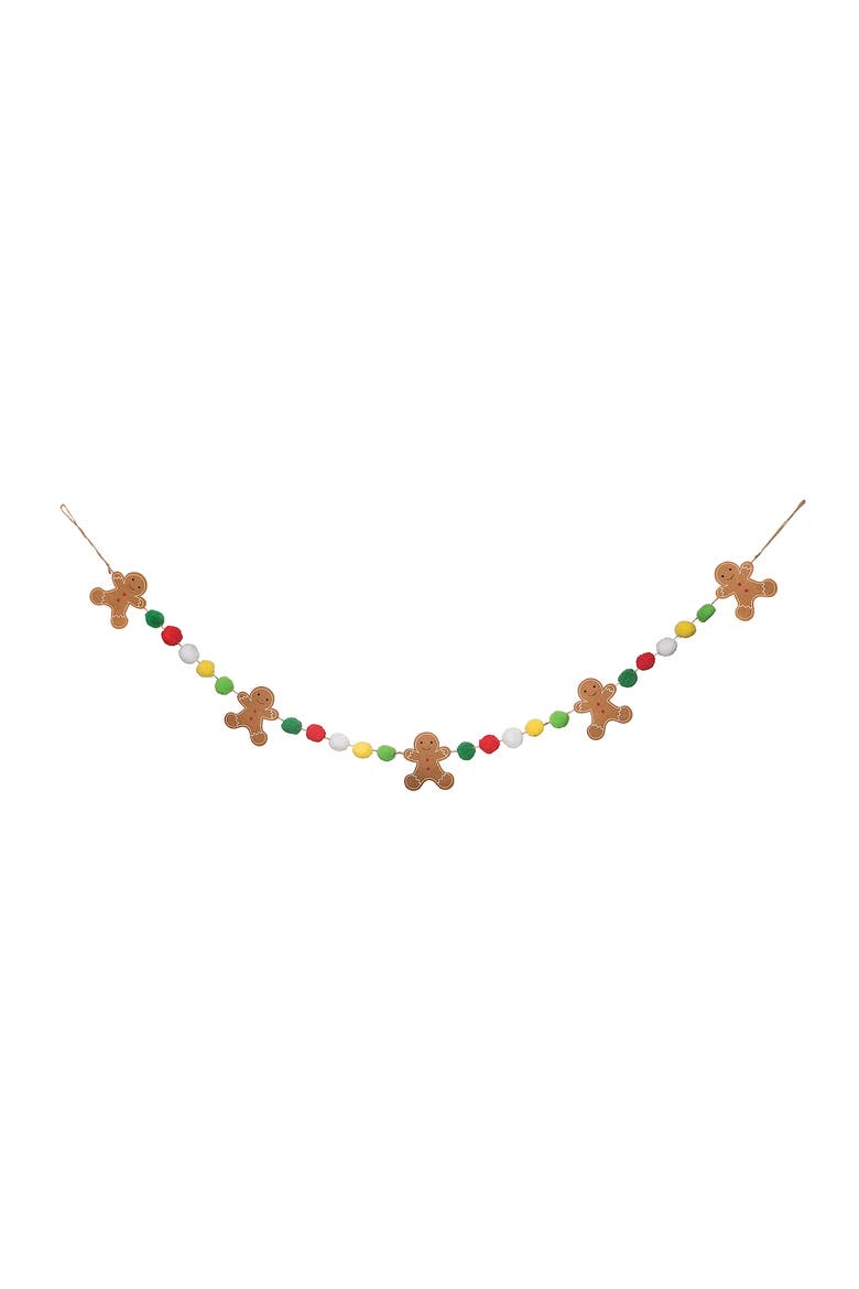 Christmas Gingerbread Man Decorative Felt Garland w/ PomPoms 59", Main, color, Brown