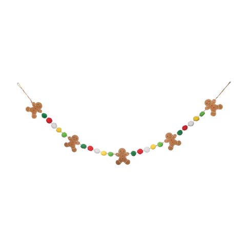 Christmas Gingerbread Man Decorative Felt Garland w/ PomPoms 59"