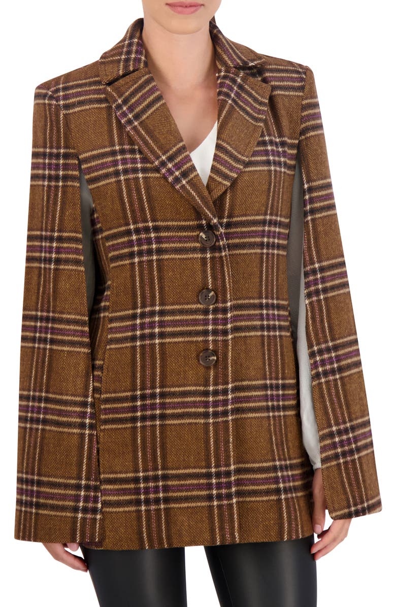 Ookie & Lala Plaid Cape Jacket, Main, color, Brown/ Berry/ Black