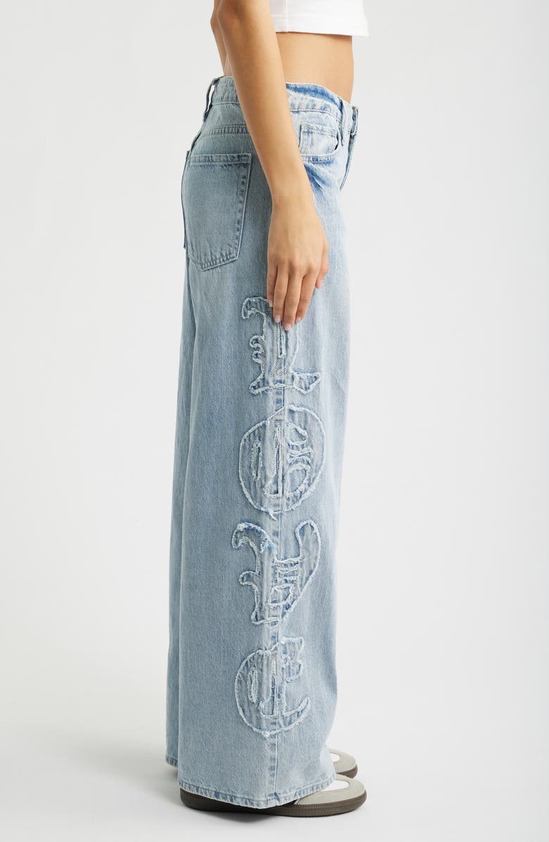 YMI Joey Super Wide Leg Jeans with Love Appliqué, Alternate, color, Light Blue