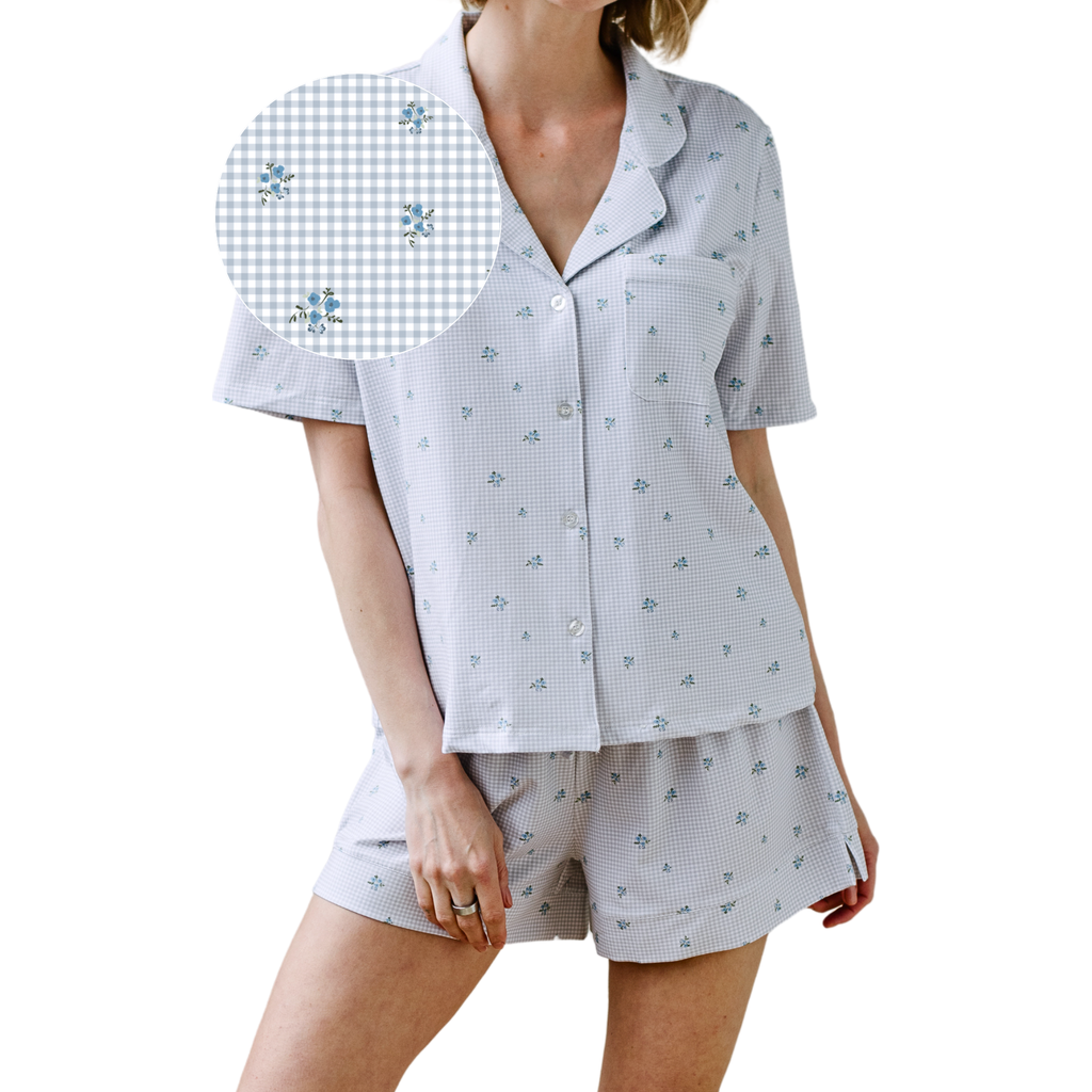 noon Stretch Cotton Short Pajama Set in Blue Floral Gingham  product