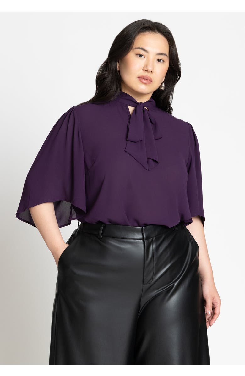ELOQUII Bow Blouse With Flutter Sleeve, Main, color, Deep Purple