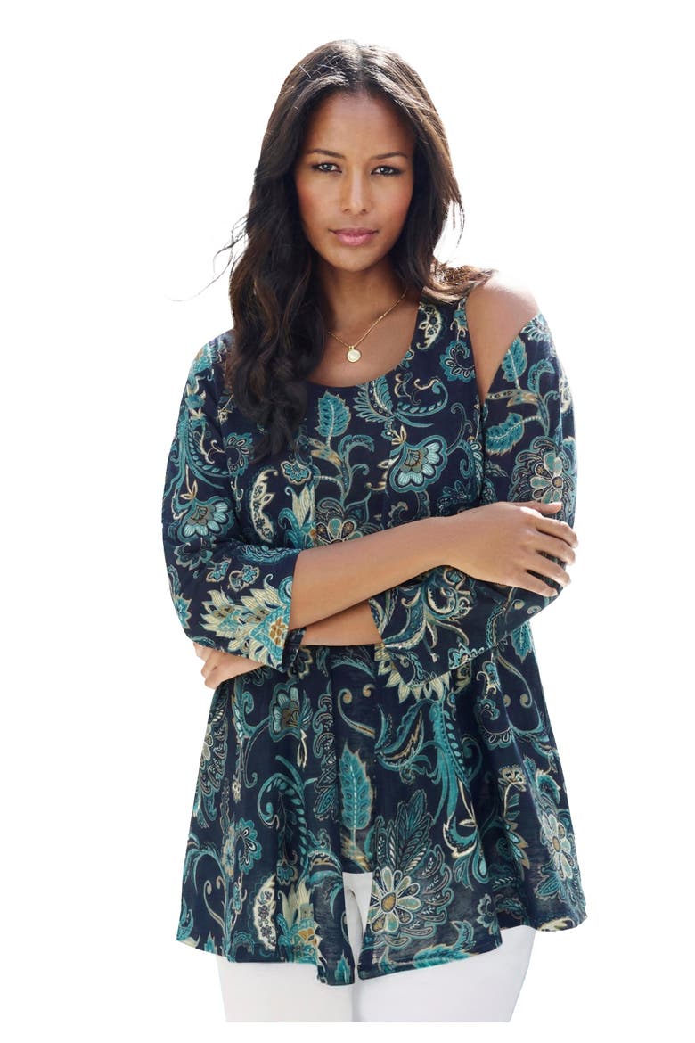 Printed 2 Piece Tank And Cardigan Set, Main, color, NAVY MAGNOLIA GARDEN