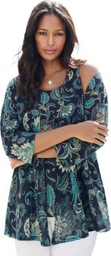 Roaman's Printed 2 Piece Tank And Cardigan Set
