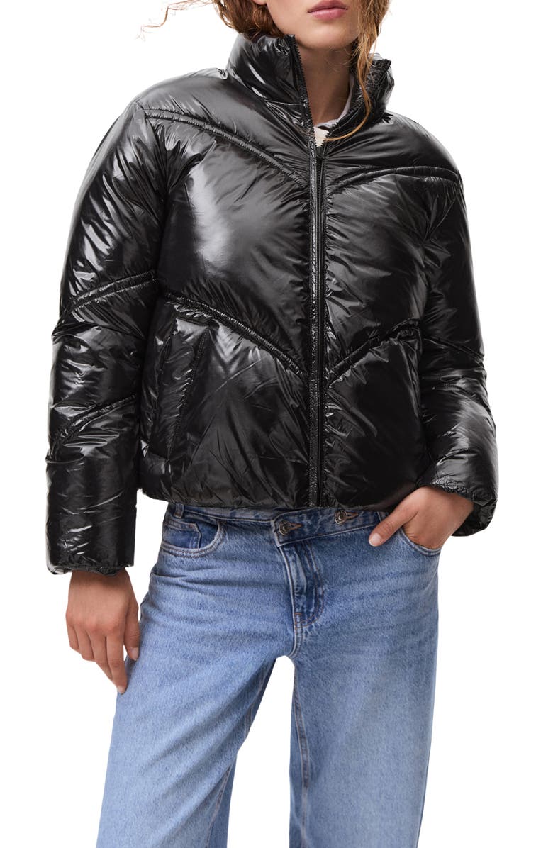 MANGO TEEN Shiny Chevron Quilted Puffer Coat, Main, color, Black