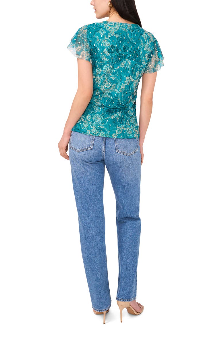 Flutter Sleeve Clip Dot Mesh Top, Alternate, color, COOL LAPIS