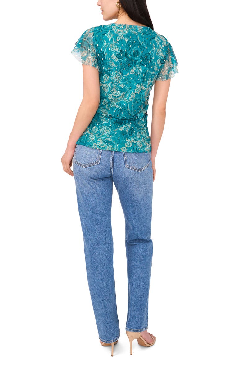 Vince Camuto Flutter Sleeve Clip Dot Mesh Top, Alternate, color, Cool Lapis