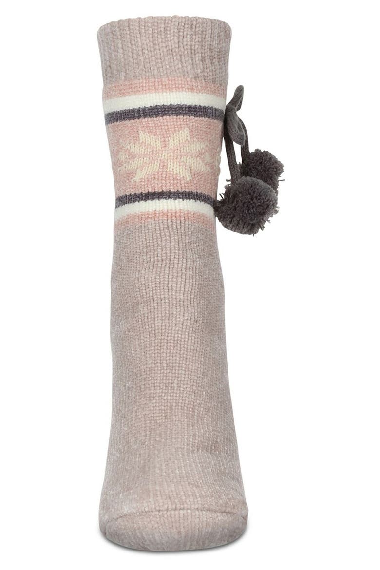 Snowflake Pompom Fleece Lined Slipper Socks, Alternate, color, TAUPE