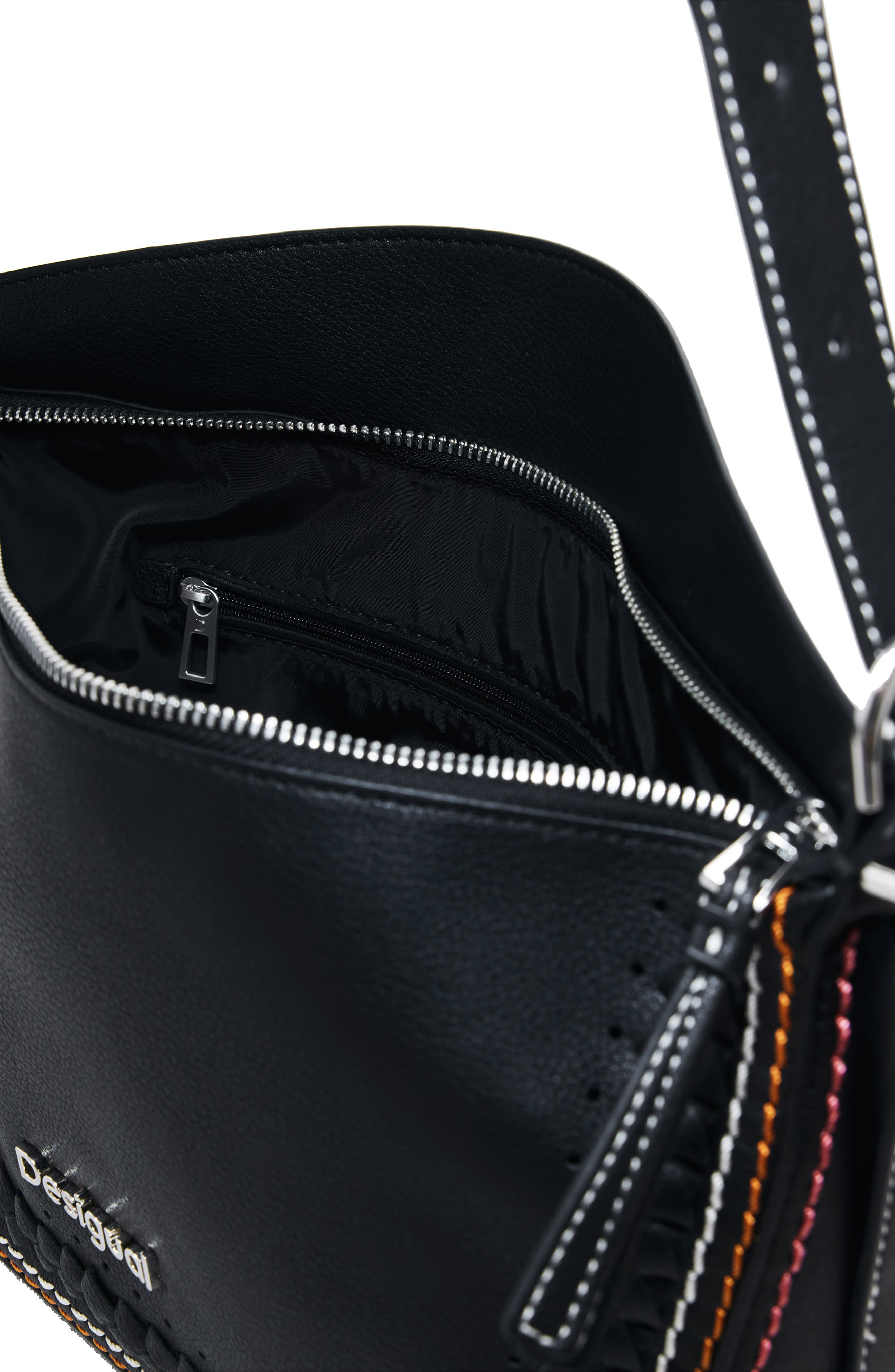 Desigual Topstitch Detail Faux Leather Shoulder Bag, Alternate, color, Black