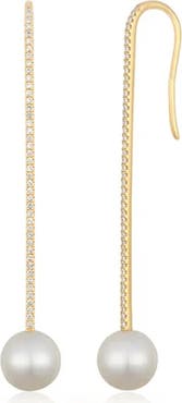 EF Collection 14k Gold Diamond & Pearl Drop Earrings