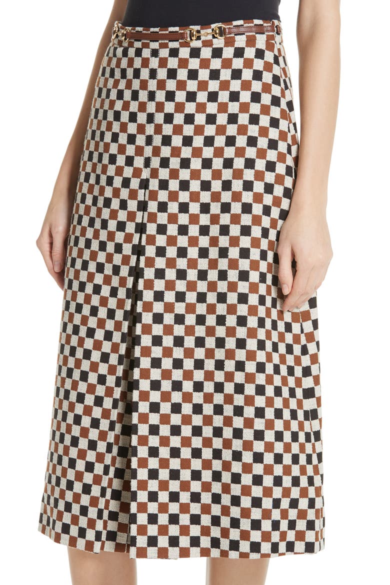 Leather Trim Pleated Skirt, Alternate, color, BROWN
