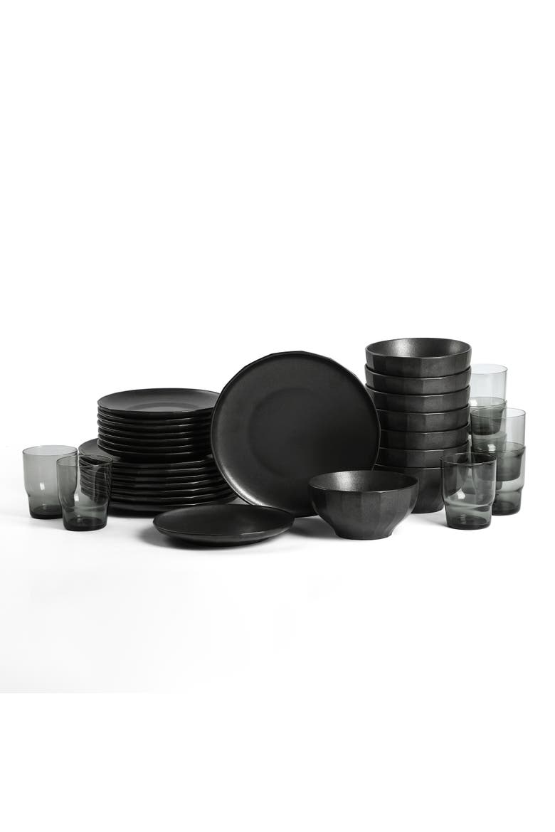 Rio Stoneware 32-Piece Dinnerware Set with Glasses, Main, color, Black