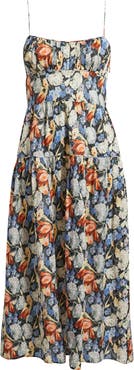 DÔEN Benoit Floral Gathered Bust Tiered Midi Dress