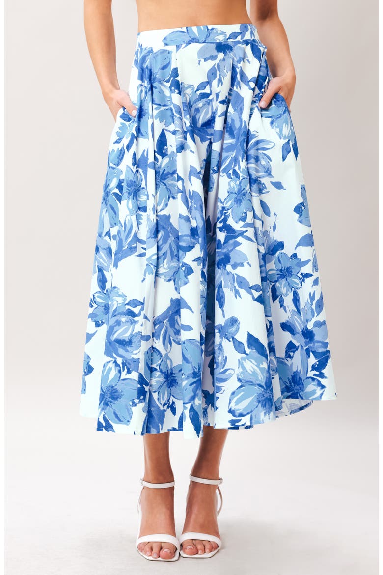 Floral Print Pleated Cotton Twill Midi Skirt, Main, color, OFF WHITE BLUE