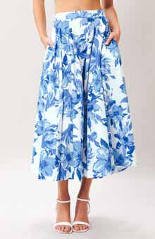 Floral Print Pleated Cotton Twill Midi Skirt
