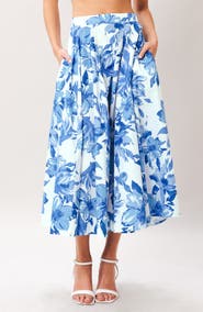 FLYING TOMATO Floral Print Pleated Cotton Twill Midi Skirt