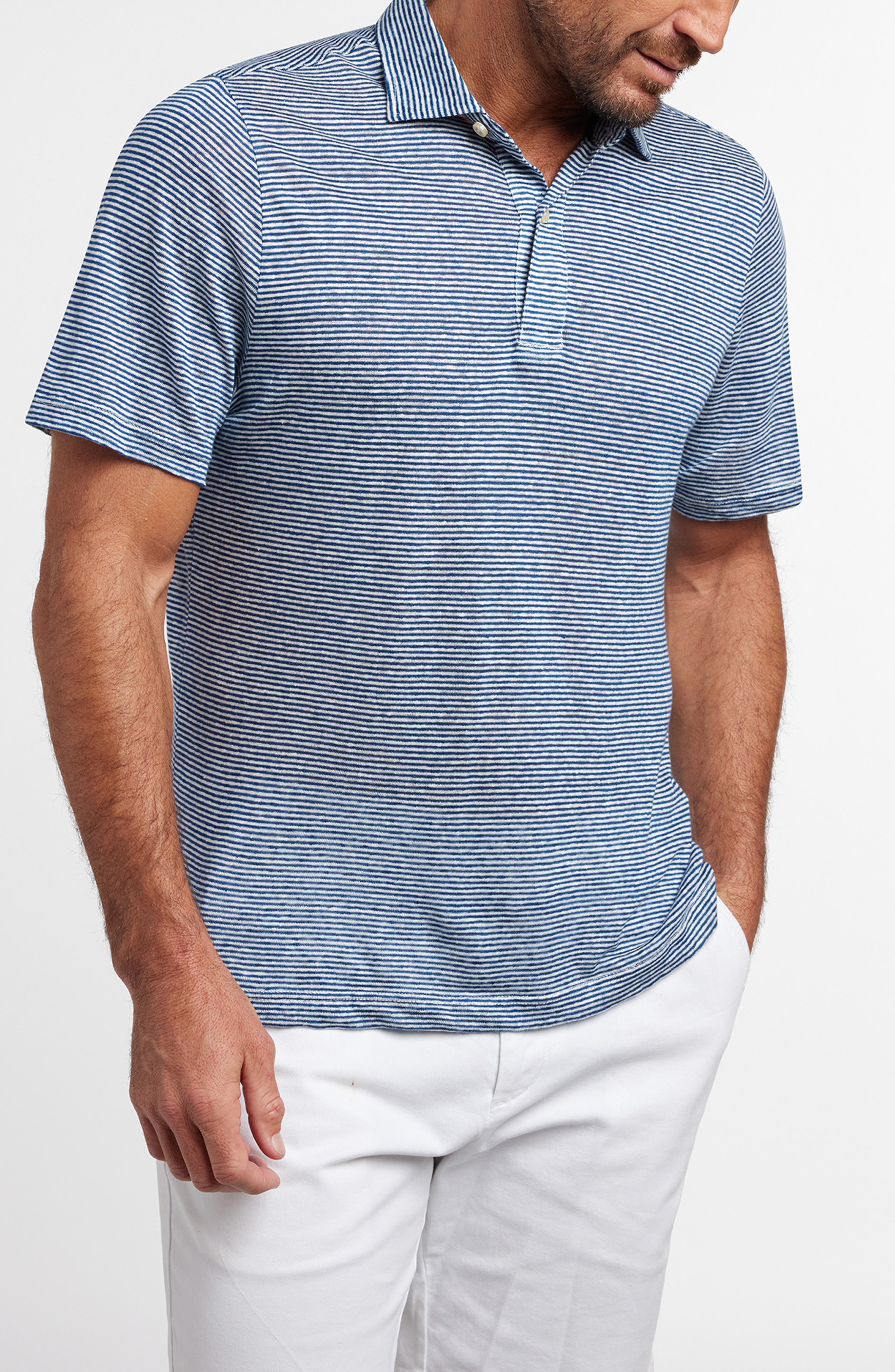 David Donahue Stripe Slub Linen Polo In Pattern