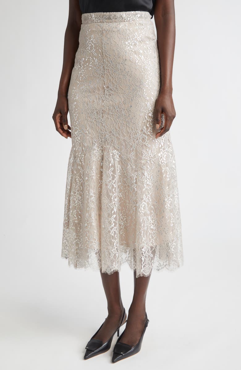 Erdem Fluted Metallic Lace Skirt, Alternate, color, Silver