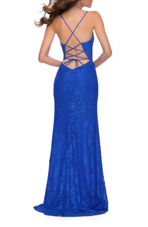 La Femme Lace Long Dress With Scallop Detail On Skirt Slit In Royal Blue