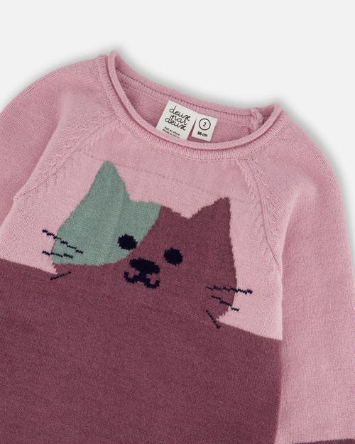 Deux Par Deux Knitted Dress With Cat In Pink