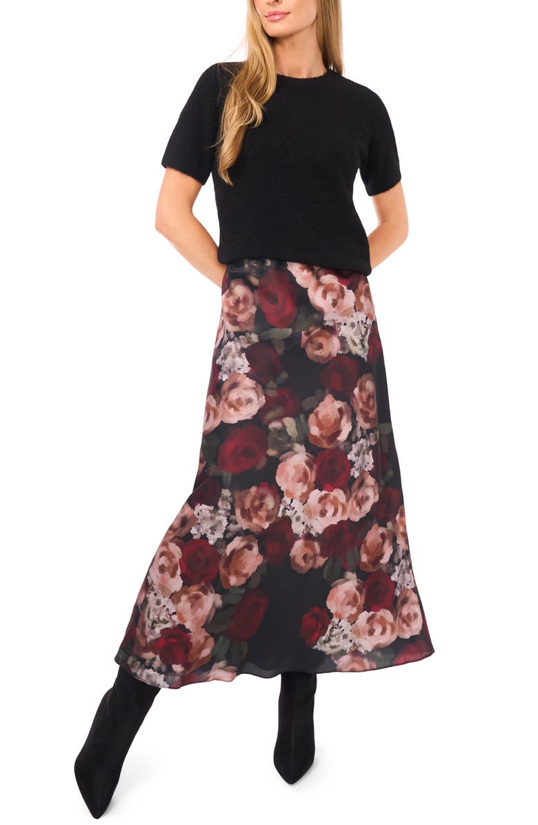 Halogen<sup>®</sup> Floral Charmeuse Midi Skirt, Alternate, color, Rich Black
