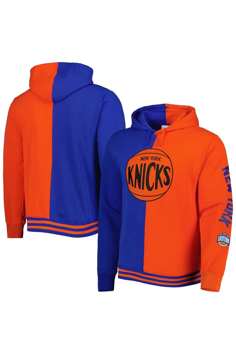 Men's Mitchell & Ness Blue/Orange New York Knicks Hardwood Classics Split Pullover Hoodie, Alternate, color, Blue