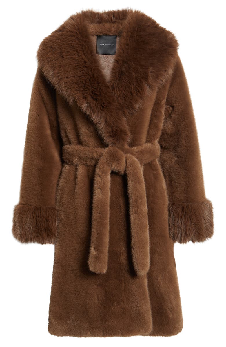 Elie Tahari The Jones Faux Fur Wrap Coat, Alternate, color, Bistro Brown