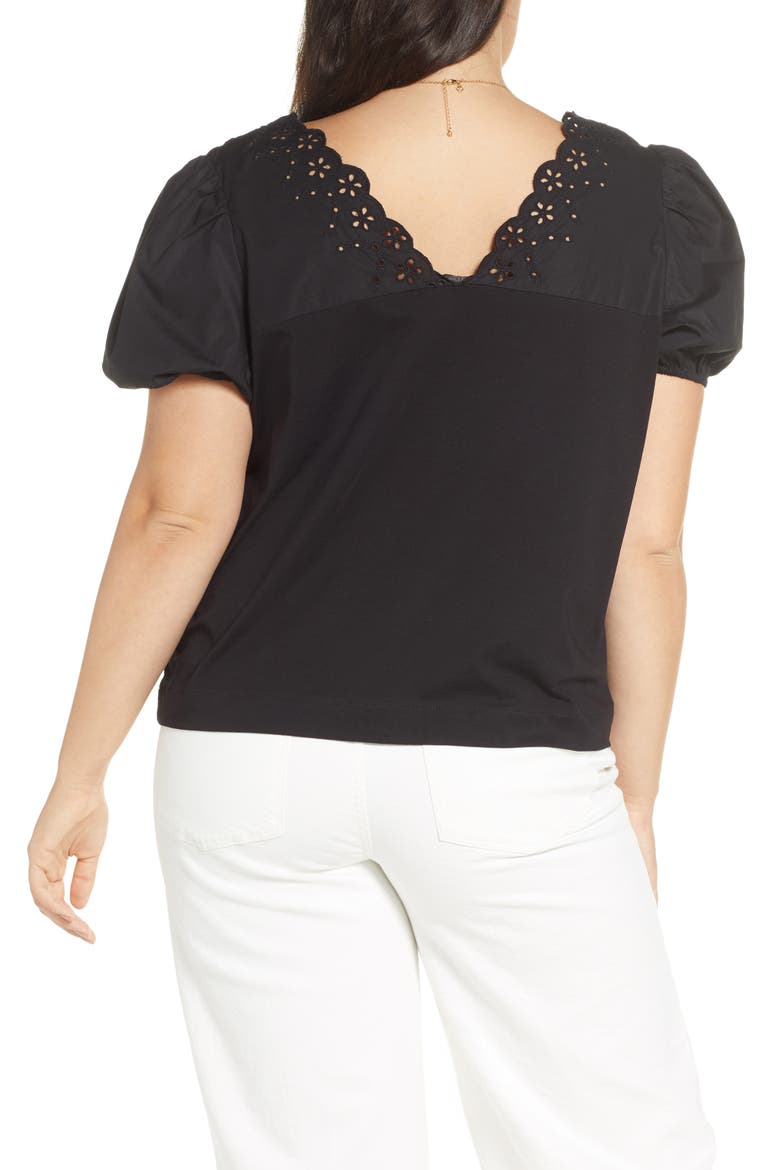 Eyelet Top with Puff Sleeves, Alternate, color, BLACK