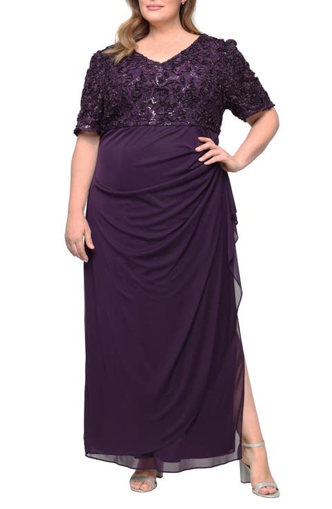 Embellished Short Sleeve Empire Waist Gown (Plus)