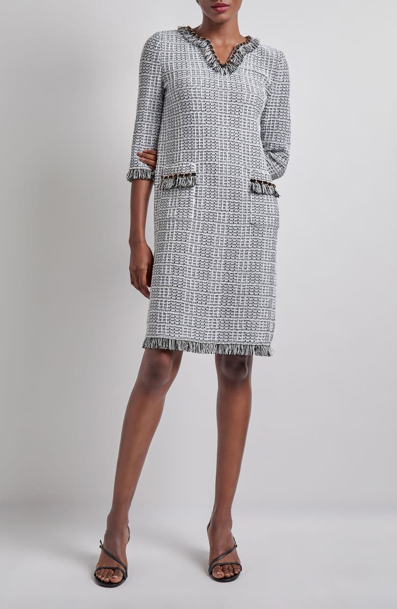 Misook Chain & Fringe Trim Tweed Shift Dress, Main, color,